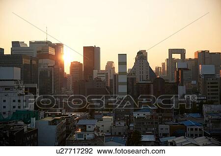 Stock Image - Cityscape at sunset, Seoul, South Korea. Fotosearch