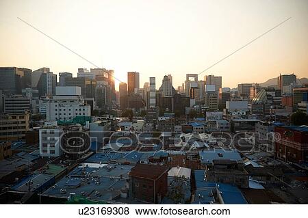 Stock Photo - Cityscape at sunset, Seoul, South Korea. Fotosearch