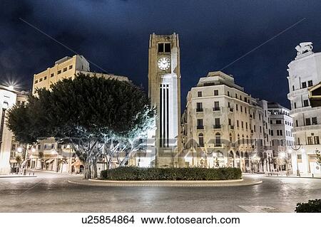 Picture - Clock tower in Nejmeh Square at night, Beirut, Lebanon. Fotosearch