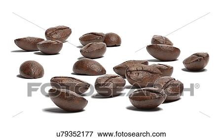 Stock Photo - Close up view of a group of coffee beans on white surface. Perspective view without dof effect.. Fotosearch