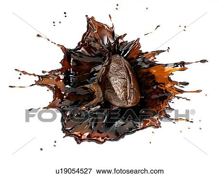 Stock Photo - Coffee bean splashing in liquid coffee in the air. Close up view Isolated on white background.. Fotosearch