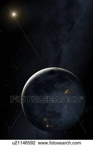 Stock Image - Colonising the Moon. The face of the Moon seen from Earth, with cities seen on the night side.. Fotosearch