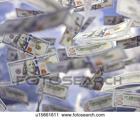 Stock Image - Conceptual illustration of wealth. American dollar raining from the sky.. Fotosearch