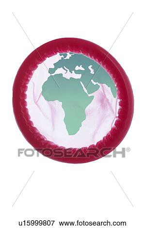 Stock Photo - Condom and global map, conceptual image.. Fotosearch