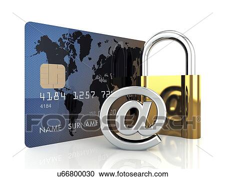 Stock Image - Credit card, at sign and a padlock on white background, illustration.. Fotosearch