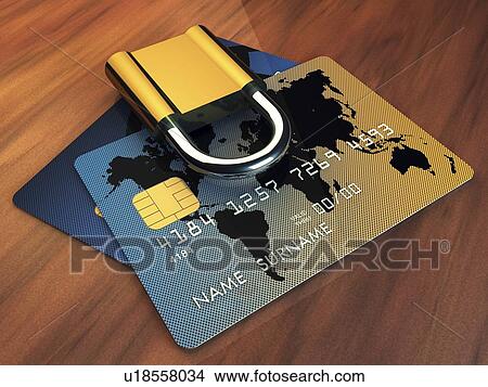 Picture - Credit cards and padlock on wooden table, illustration.. Fotosearch