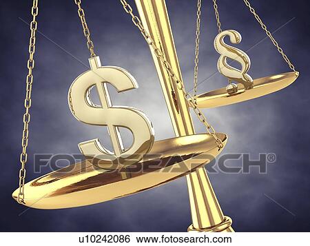 Stock Photograph - Dollar and section sign on a brass scale, illustration.. Fotosearch