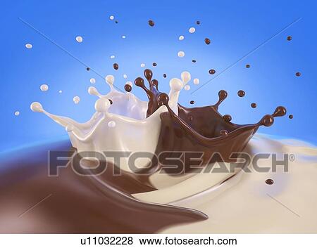 Double crown splash of milk and chocolate blending together, on blue background. Close up view. View Large Photo Image Stock Photo - Double crown splash of milk and chocolate blending together, on blue background. Close up view.. Fotosearch