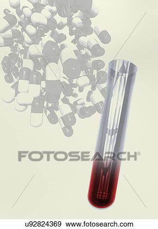 Stock Photo - Drug capsules and blood sample, conceptual illustration.. Fotosearch