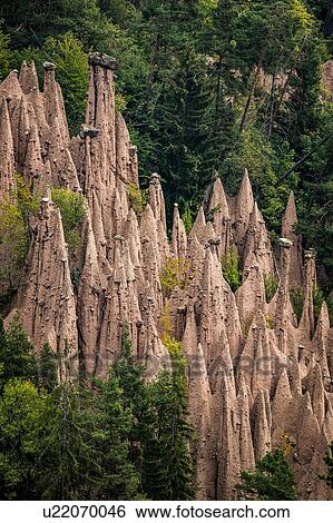 Stock Photograph - Erdpyramiden or earth pillars, Dolomites, Lengmoos, Trentino-Alto Adige, Italy. Fotosearch