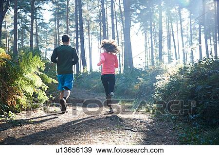 Female and male runners running in sunlit forest, rear view View Large Photo Image Stock Photo - Female and male runners running in sunlit forest, rear view. Fotosearch