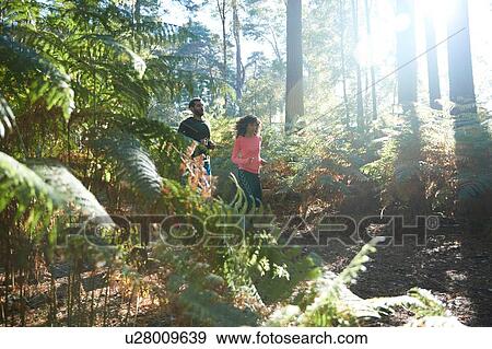 Female and male runners running together through sunlit forest ferns View Large Photo Image Stock Photo - Female and male runners running together through sunlit forest ferns. Fotosearch