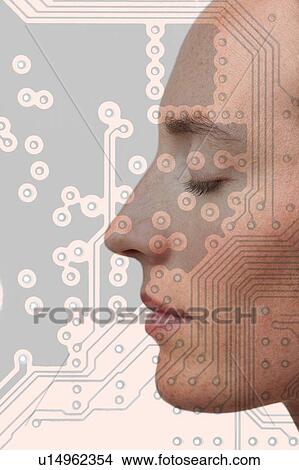 Female face in profile with computer circuit board. Composite image. View Large Photo Image Picture - Female face in profile with computer circuit board. Composite image.. Fotosearch