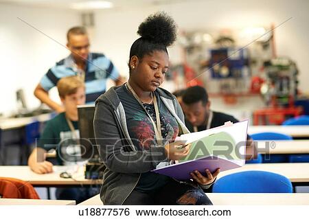 Female higher education student reading file in college classroom View Large Photo Image Stock Photograph - Female higher education student reading file in college classroom. Fotosearch