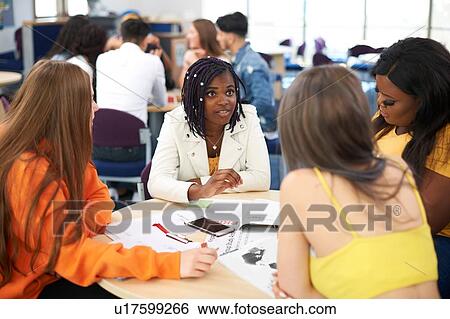Female higher education students discussing project in college classroom View Large Photo Image Stock Photograph - Female higher education students discussing project in college classroom. Fotosearch