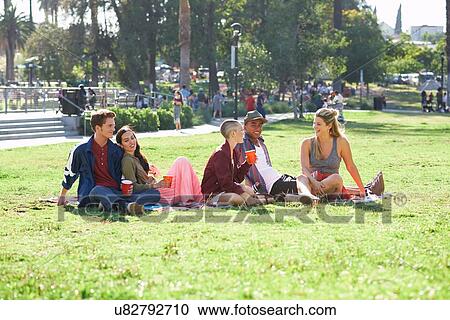 Stock Image - Five young adult friends sitting in park, Los Angeles, California, USA. Fotosearch
