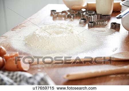 Flour, baking utensils on kitchen top View Large Photo Image Stock Photography - Flour, baking utensils on kitchen top. Fotosearch