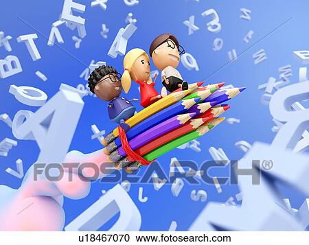 Funny school kids on a rocket made from pencils fly through the letters. Education concept. 3D illustration. View Large Photo Image Stock Image - Funny school kids on a rocket made from pencils fly through the letters. Education concept. 3D illustration.. Fotosearch