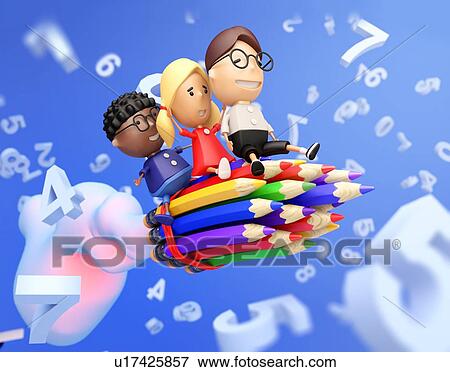 Funny school kids on a rocket made from pencils fly through the digits. Education concept. 3D illustration. View Large Photo Image Stock Photo - Funny school kids on a rocket made from pencils fly through the digits. Education concept. 3D illustration.. Fotosearch