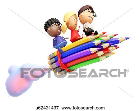 Stock Photo - Funny school kids ride on a rocket. Isolated on white. 3D illustration.. Fotosearch