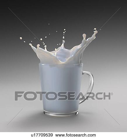 Stock Photo - Glass mug full of milk with slash. On gradient background from white to black.. Fotosearch