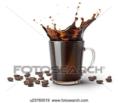 Stock Photo - Glass mug with coffee splash. Some coffee beans on the surface besides it. On white background.. Fotosearch