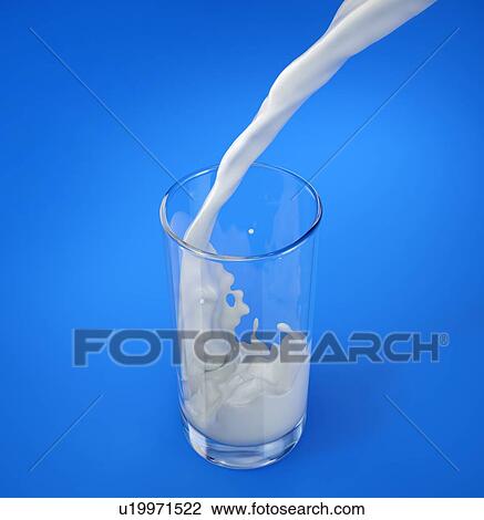 Stock Image - Glass of fresh milk with pouring and splash. viewed from above. Isolated on blue background.. Fotosearch
