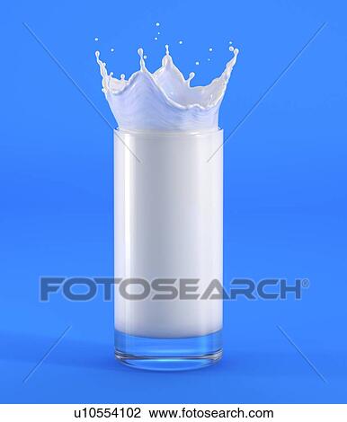 Stock Image - Glass of milk with crown splash. Full view, on blue background.. Fotosearch