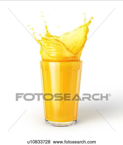 Stock Photo - Glass of orange juice with splash, isolated on white background. Side view.. Fotosearch