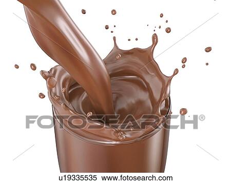Stock Photography - Glass with liquid chocolate pour and splash. On white background. Viewed from above.. Fotosearch