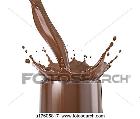 Stock Photo - Glass with liquid chocolate pour with splash. Isolated on white background. Side view.. Fotosearch