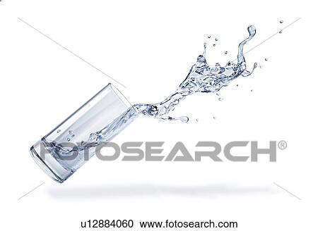 Stock Image - Glass with spilling water splash. Side view. On white background.. Fotosearch