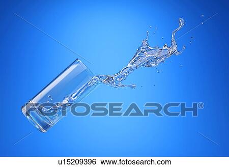 Stock Photograph - Glass with spilling water splash. Side view. On blue background.. Fotosearch