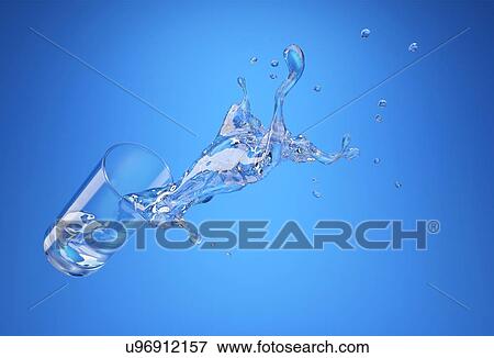 Stock Photo - Glass with spilling water splash. perspective view. On blue background.. Fotosearch