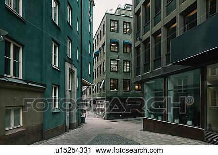 Stock Image - Green apartment buildings and hotel, Stockholm, Sweden. Fotosearch