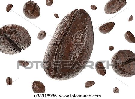Stock Photograph - Group of coffee beans falling. One in the centre in very close up view. Isolated on white background.. Fotosearch