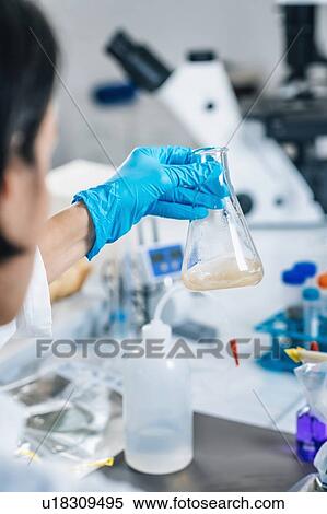 Stock Photography - Hands in gloves of female scientist in laboratory shake glass flasks with dissolved samples of the soil. Agrochemical examination of soil.. Fotosearch