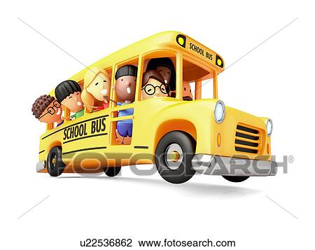 Happy elementary school kids on a cartoon yellow bus. 3D illustration on white background. View Large Photo Image Stock Image - Happy elementary school kids on a cartoon yellow bus. 3D illustration on white background.. Fotosearch
