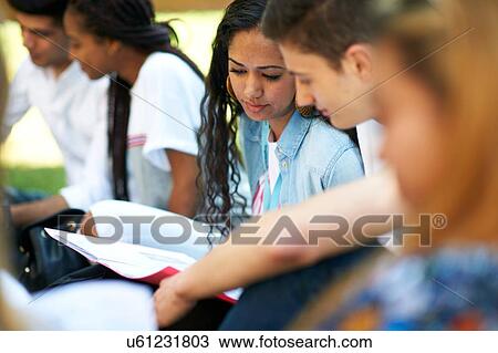 Higher education students looking at paperwork on college campus lawn, over shoulder view View Large Photo Image Stock Image - Higher education students looking at paperwork on college campus lawn, over shoulder view. Fotosearch