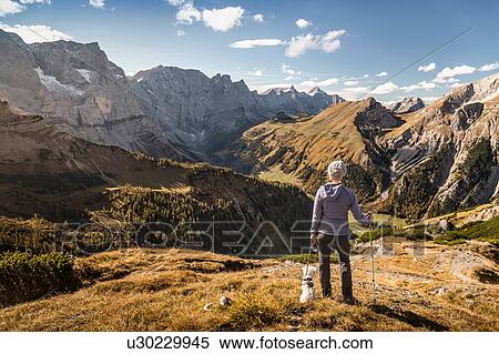 Hiker and pet dog enjoying view, Karwendel region, Hinterriss, Tirol, Austria View Large Photo Image Stock Photography - Hiker and pet dog enjoying view, Karwendel region, Hinterriss, Tirol, Austria. Fotosearch