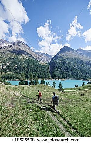 Hikers on lush green field, lake in background, Mont Cervin, Matterhorn, Valais, Switzerland View Large Photo Image Stock Photo - Hikers on lush green field, lake in background, Mont Cervin, Matterhorn, Valais, Switzerland. Fotosearch