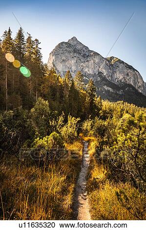 Stock Image - Hiking trail, Karwendel region, Hinterriss, Tirol, Austria. Fotosearch