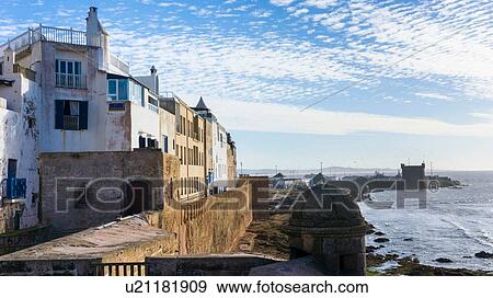 Stock Photo - Houses by sea, Essaouira, Morocco. Fotosearch