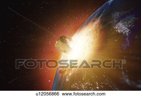 Huge asteroid impacting Earth, illustration. View Large Photo Image Stock Photograph - Huge asteroid impacting Earth, illustration.. Fotosearch