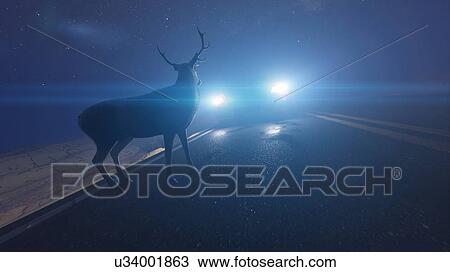 Stock Image - Illustration of a deer in front of a car. Fotosearch