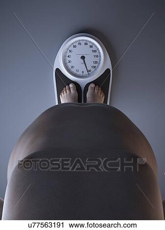 Stock Image - Illustration of an obese man on a scale. Fotosearch