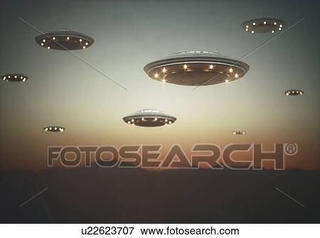 Stock Photo - Invasion of alien spaceships at sunset, illustration.. Fotosearch