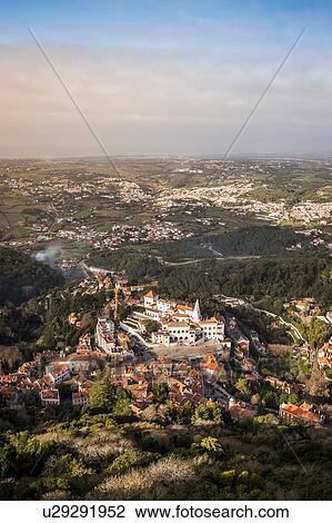 Stock Image - Landscape with distant views, high angle view, Sintra, Lisbon, Portugal. Fotosearch
