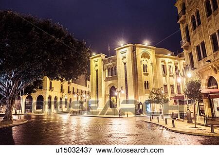 Stock Photo - Lebanese parliament building in Nejmeh Square at night, Beirut, Lebanon. Fotosearch