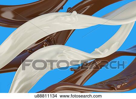 Liquid chocolate and milk waves strips with little splashes. On blue background. View Large Photo Image Picture - Liquid chocolate and milk waves strips with little splashes. On blue background.. Fotosearch